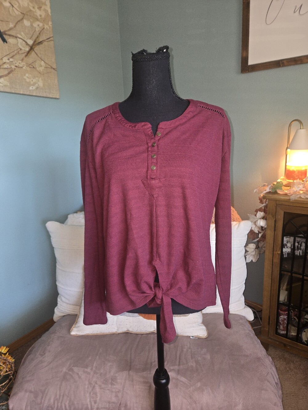 Idyllwind Long-Sleeve Henley Tie-Front Top - Burgundy